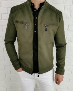 Materiałowa przejściowa kurtka męska khaki ozdobne zamki Stylovy