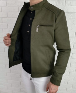 Materiałowa przejściowa kurtka męska khaki ozdobne zamki Stylovy