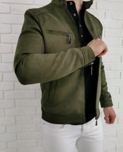 Materiałowa przejściowa kurtka męska khaki ozdobne zamki Stylovy