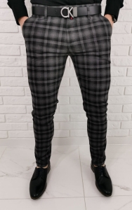 Czarno szare eleganckie męskie spodnie slim fit w kratę 1572