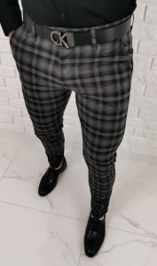 Czarno szare eleganckie męskie spodnie slim fit w kratę 1572
