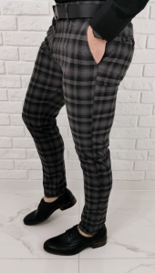 Czarno szare eleganckie męskie spodnie slim fit w kratę 1572