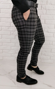 Czarno szare eleganckie męskie spodnie slim fit w kratę 1572
