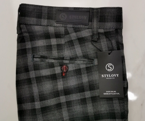 Czarno szare eleganckie męskie spodnie slim fit w kratę 1572