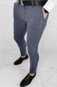 Granatowo szare eleganckie spodnie męskie slim fit w kratę Stylovy 1570
