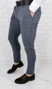 Granatowo szare eleganckie spodnie męskie slim fit w kratę Stylovy 1570