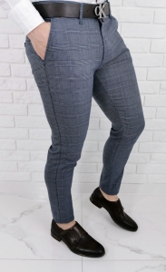 Granatowo szare eleganckie spodnie męskie slim fit w kratę Stylovy 1570