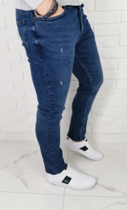 Ciemne jeansy męskie slim fit z delikatnymi przetarciami B-399 Premium