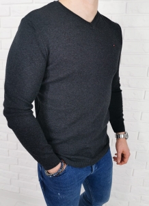 Męski sweter antracyt w serek znaczek 3454
