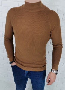 Karmelowy pleciony sweter półgolf męski 3566