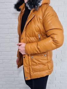 Musztardowa zimowa męska ocieplana kurtka premium
