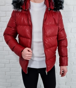Czerwona ocieplana kurtka zimowa męska kaptur