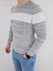 Szary melanżowy sweter z białym pasem 3011