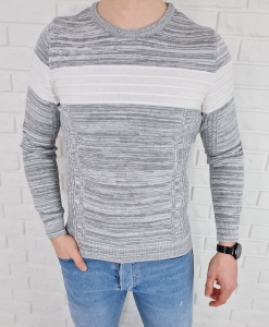 Szary melanżowy sweter z białym pasem 3011