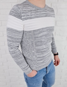 Szary melanżowy sweter z białym pasem 3011