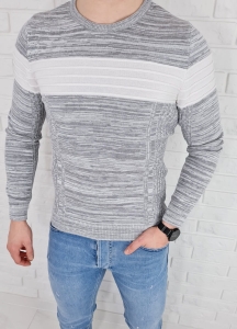 Szary melanżowy sweter z białym pasem 3011