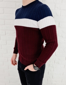 Trójkolorowy sweter męski 3629 bordowy