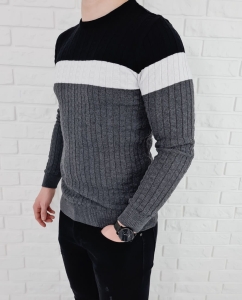 Trójkolorowy sweter męski 3629 antracyt