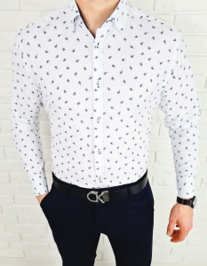 Biała koszula w granatowe liście slim fit VP1639