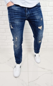 Ciemne jeansy męskie slim fit z dziurami bawełniane 7391