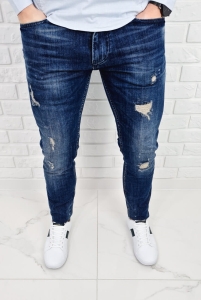 Ciemne jeansy męskie slim fit z dziurami bawełniane 7391