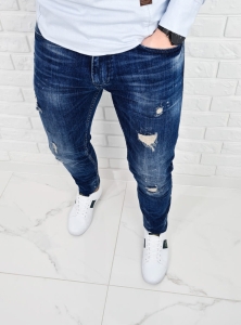 Ciemne jeansy męskie slim fit z dziurami bawełniane 7391