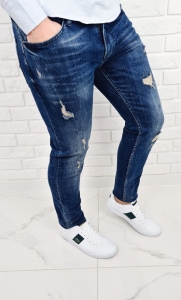 Ciemne jeansy męskie slim fit z dziurami bawełniane 7391
