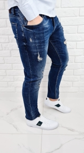 Ciemne jeansy męskie slim fit z dziurami bawełniane 7391