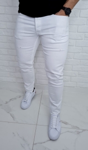 Białe jeansy męskie z dziurami slim fit 7253