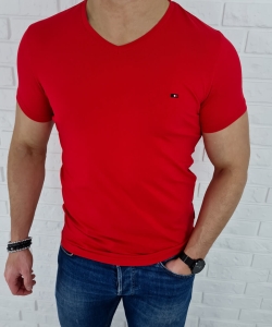 Koszulka męska bez nadruku w serek czerwona 7063 Stylovy