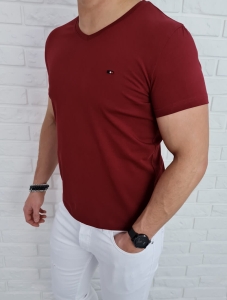 Koszulka męska bez nadruku w serek bordowa 7063 Stylovy
