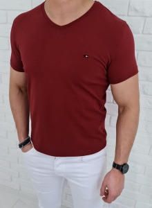 Koszulka męska bez nadruku w serek bordowa 7063 Stylovy