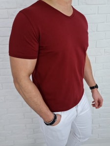 Koszulka męska bez nadruku w serek bordowa 7063 Stylovy