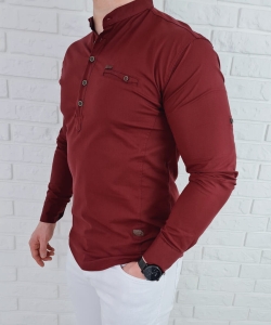 Koszula męska bordowa ze stójką zapinana do połowy slim fit 0329/56