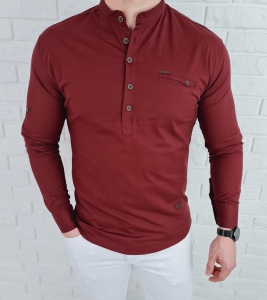 Koszula męska bordowa ze stójką zapinana do połowy slim fit 0329/56