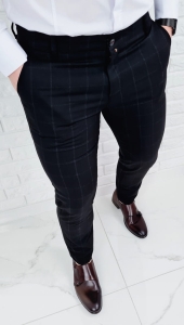 Spodnie męskie eleganckie czarne w białą delikatną kratę 2177 -k