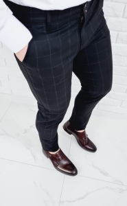 Spodnie męskie eleganckie czarne w białą delikatną kratę 2177 -k
