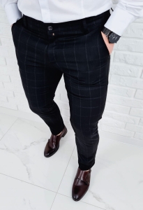 Spodnie męskie eleganckie czarne w białą delikatną kratę 2177 -k