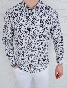 Koszula męska biała w granatowe kwiaty slim fit 111/25
