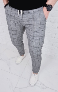 Szare spodnie lniane w kratę męskie slim fit Silva-1