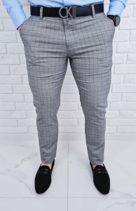 Szare eleganckie materiałowe spodnie w kratę slim fit Polo-1