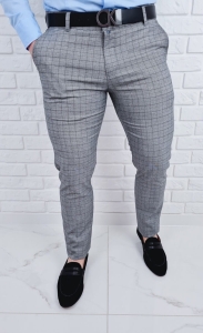 Szare eleganckie materiałowe spodnie w kratę slim fit Polo-1