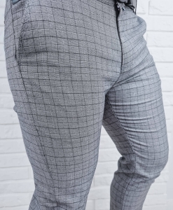 Szare eleganckie materiałowe spodnie w kratę slim fit Polo-1