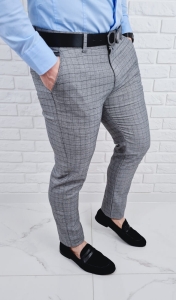 Szare eleganckie materiałowe spodnie w kratę slim fit Polo-1