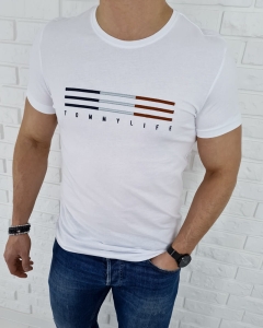 T-shirt męski tommy life biały w paski 87983