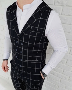 Kamizelka męska czarna elegancka w szarą kratę dwurzędowa Stylovy 64s