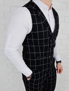 Kamizelka męska czarna elegancka w szarą kratę dwurzędowa Stylovy 64s