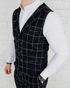 Kamizelka męska czarna elegancka w szarą kratę dwurzędowa Stylovy 64s