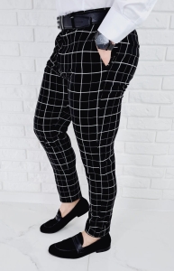 Czarne spodnie materiałowe chinosy w kratę męskie slim Stylovy 1737