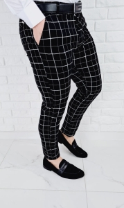 Czarne spodnie materiałowe chinosy w kratę męskie slim Stylovy 1737